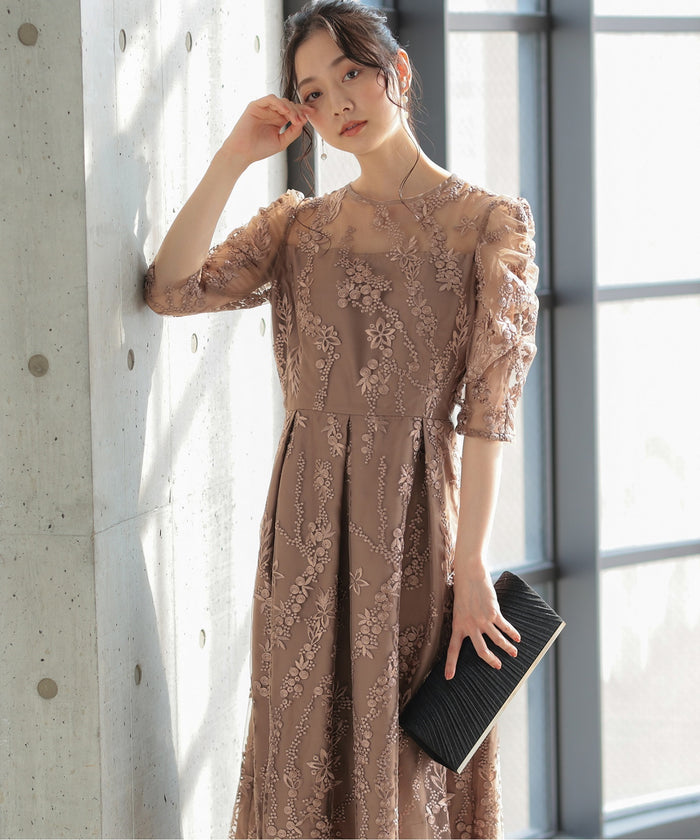 バックシャン リボン チュール刺繍レース 結婚式 パーティードレス(S,M,L,XL)50135