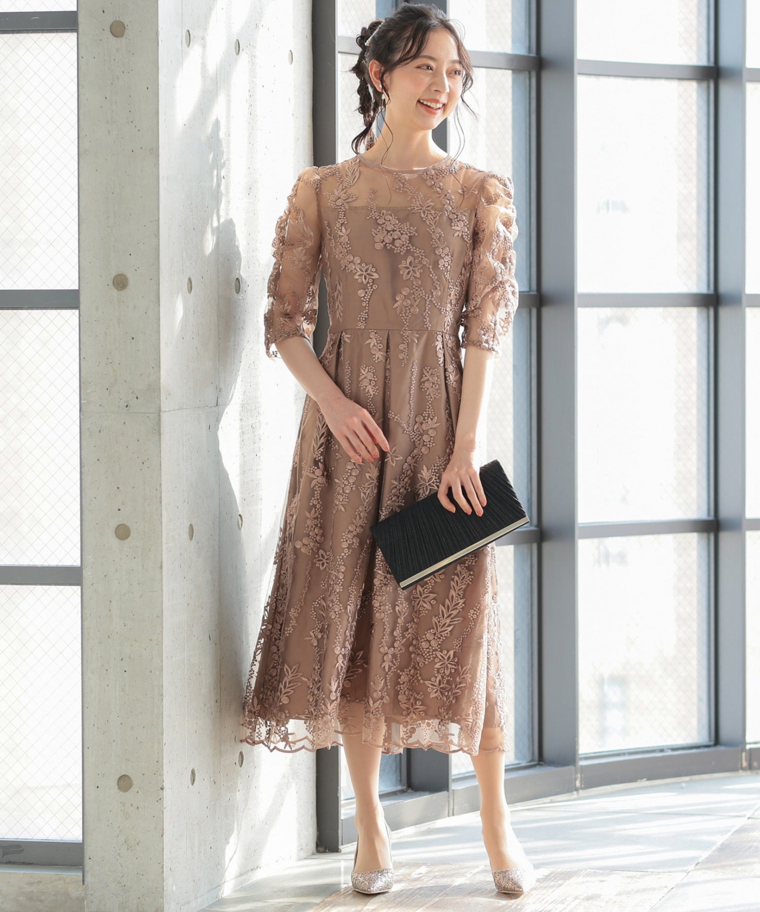 PREFERIR  パーティードレス&amp;パーティバッグ　セット シアーレース バックリボン 結婚式 パーティードレス ワンピース