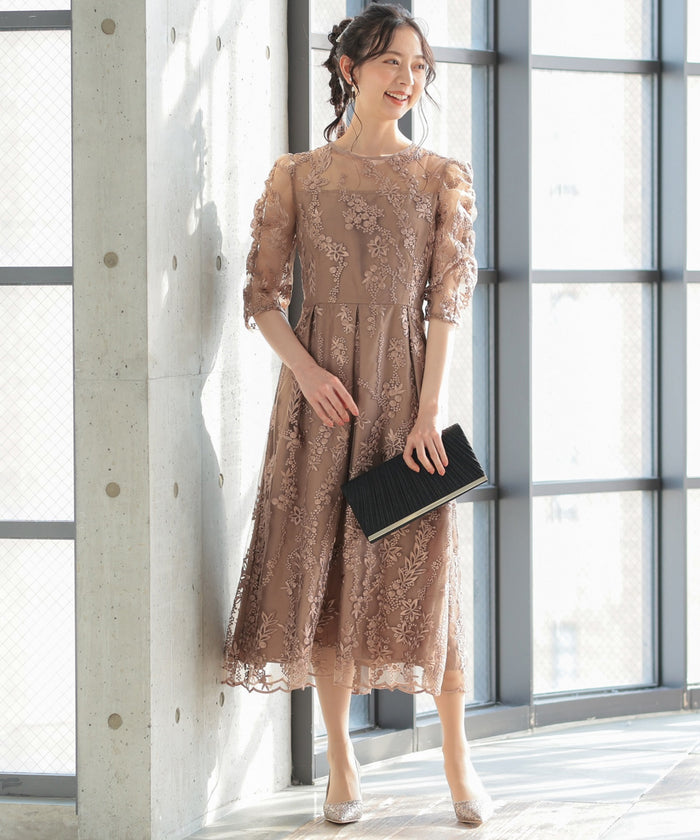 バックシャン リボン チュール刺繍レース 結婚式 パーティードレス(S,M,L,XL)50135