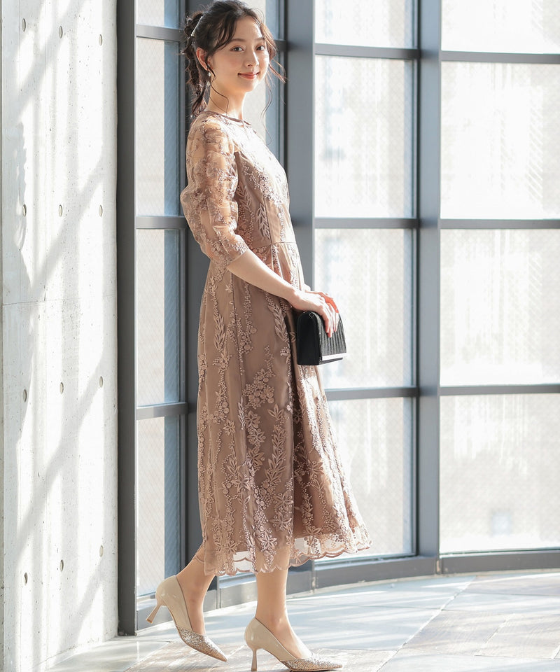 バックシャン リボン チュール刺繍レース 結婚式 パーティードレス(S,M,L,XL)50135