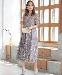 バックシャン リボン チュール刺繍レース 結婚式 パーティードレス(S,M,L,XL)50135