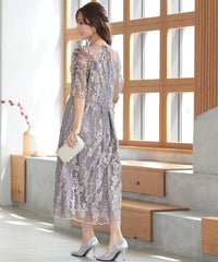 バックシャン リボン チュール刺繍レース 結婚式 パーティードレス(S,M,L,XL)50135