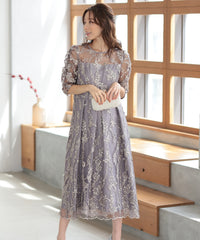 バックシャン リボン チュール刺繍レース 結婚式 パーティードレス(S,M,L,XL)50135