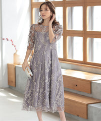 バックシャン リボン チュール刺繍レース 結婚式 パーティードレス(S,M,L,XL)50135