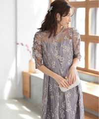 バックシャン リボン チュール刺繍レース 結婚式 パーティードレス(S,M,L,XL)50135