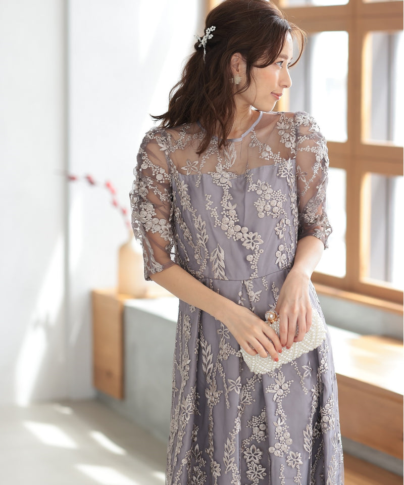 バックシャン リボン チュール刺繍レース 結婚式 パーティードレス(S,M,L,XL)50135