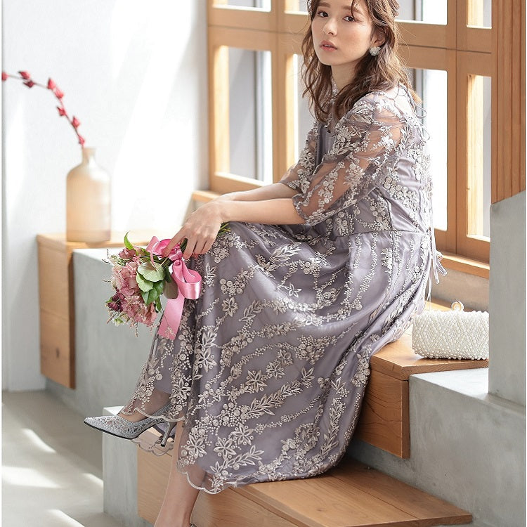 バックシャン リボン チュール刺繍レース 結婚式 パーティードレス(S,M,L,XL)50135