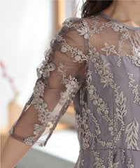 バックシャン リボン チュール刺繍レース 結婚式 パーティードレス(S,M,L,XL)50135