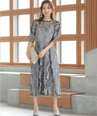 バックシャン リボン チュール刺繍レース 結婚式 パーティードレス(S,M,L,XL)50135