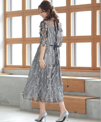 バックシャン リボン チュール刺繍レース 結婚式 パーティードレス(S,M,L,XL)50135