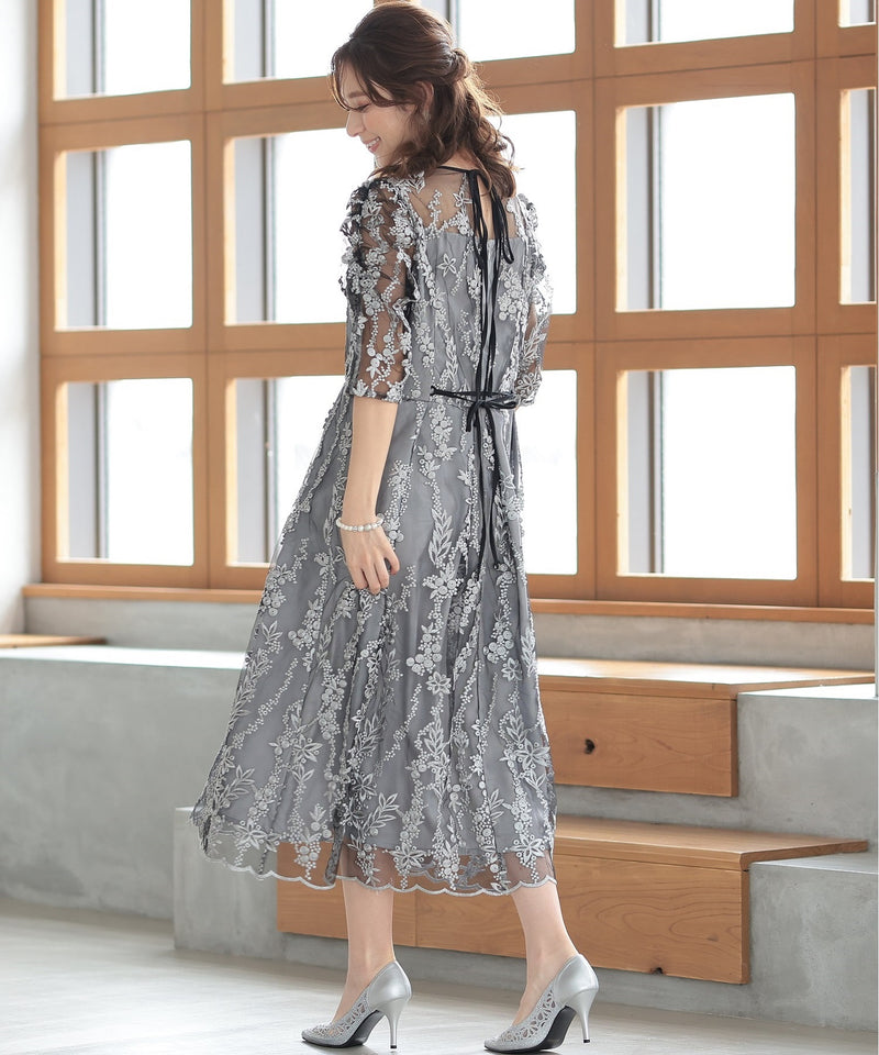 バックシャン リボン チュール刺繍レース 結婚式 パーティードレス(S,M,L,XL)50135