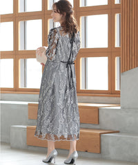 バックシャン リボン チュール刺繍レース 結婚式 パーティードレス(S,M,L,XL)50135