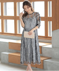 バックシャン リボン チュール刺繍レース 結婚式 パーティードレス(S,M,L,XL)50135