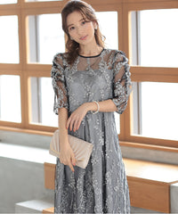 バックシャン リボン チュール刺繍レース 結婚式 パーティードレス(S,M,L,XL)50135