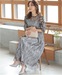 バックシャン リボン チュール刺繍レース 結婚式 パーティードレス(S,M,L,XL)50135