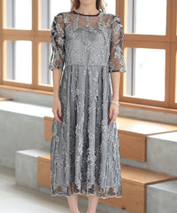 バックシャン リボン チュール刺繍レース 結婚式 パーティードレス(S,M,L,XL)50135