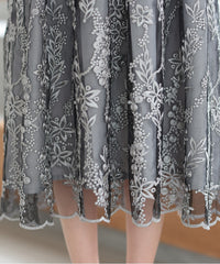 バックシャン リボン チュール刺繍レース 結婚式 パーティードレス(S,M,L,XL)50135