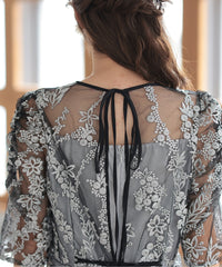 バックシャン リボン チュール刺繍レース 結婚式 パーティードレス(S,M,L,XL)50135