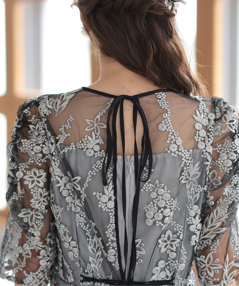 バックシャン リボン チュール刺繍レース 結婚式 パーティードレス(S,M,L,XL)50135