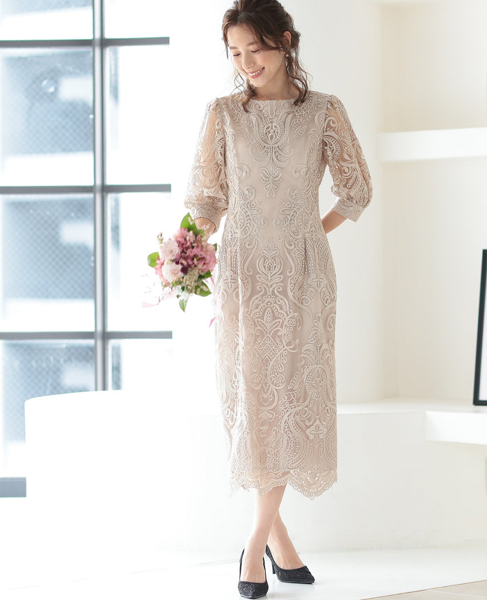 ランタンスリーブ刺繍レース  バックリボン 結婚式 パーティー タイトドレス (S,M,L,XL)50123