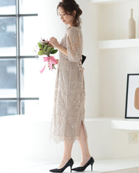 ランタンスリーブ刺繍レース  バックリボン 結婚式 パーティー タイトドレス (S,M,L,XL)50123