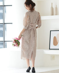 ランタンスリーブ刺繍レース  バックリボン 結婚式 パーティー タイトドレス (S,M,L,XL)50123