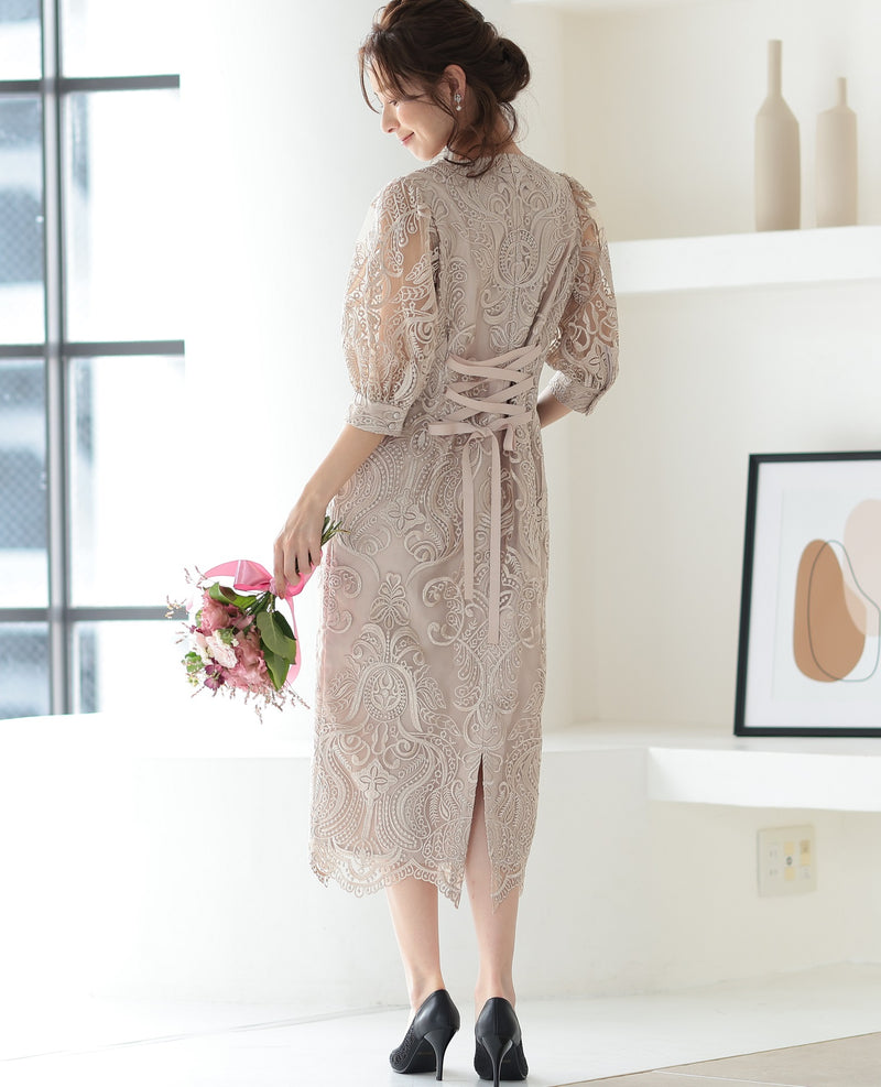 ランタンスリーブ刺繍レース  バックリボン 結婚式 パーティー タイトドレス (S,M,L,XL)50123