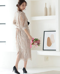 ランタンスリーブ刺繍レース  バックリボン 結婚式 パーティー タイトドレス (S,M,L,XL)50123