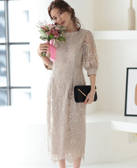 ランタンスリーブ刺繍レース  バックリボン 結婚式 パーティー タイトドレス (S,M,L,XL)50123