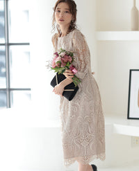 ランタンスリーブ刺繍レース  バックリボン 結婚式 パーティー タイトドレス (S,M,L,XL)50123