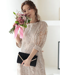 ランタンスリーブ刺繍レース  バックリボン 結婚式 パーティー タイトドレス (S,M,L,XL)50123