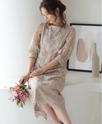 ランタンスリーブ刺繍レース  バックリボン 結婚式 パーティー タイトドレス (S,M,L,XL)50123
