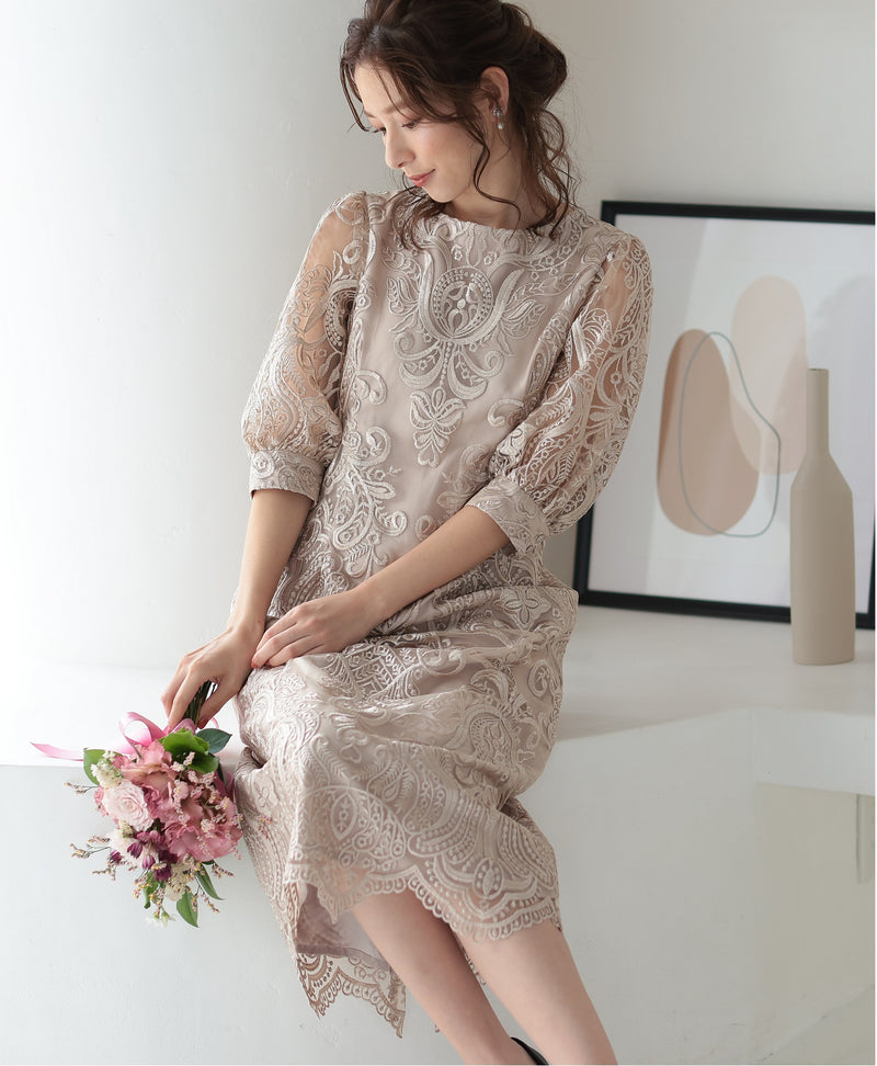 ランタンスリーブ刺繍レース  バックリボン 結婚式 パーティー タイトドレス (S,M,L,XL)50123
