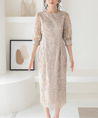 ランタンスリーブ刺繍レース  バックリボン 結婚式 パーティー タイトドレス (S,M,L,XL)50123