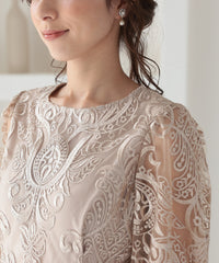 ランタンスリーブ刺繍レース  バックリボン 結婚式 パーティー タイトドレス (S,M,L,XL)50123