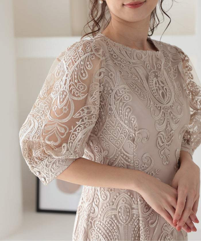 ランタンスリーブ刺繍レース  バックリボン 結婚式 パーティー タイトドレス (S,M,L,XL)50123