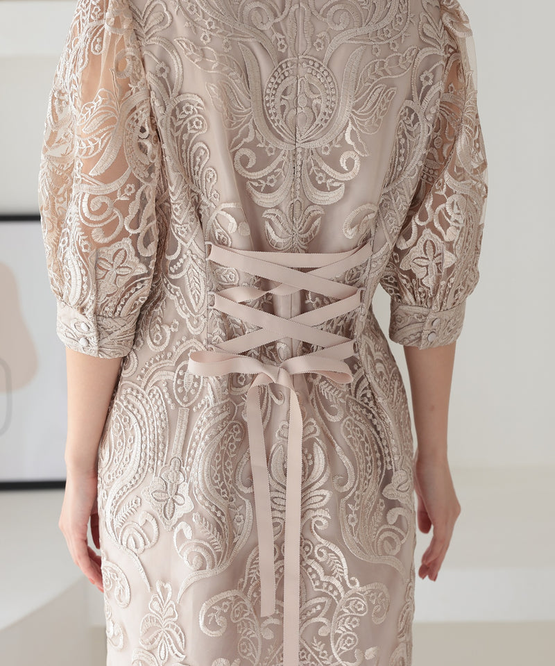 ランタンスリーブ刺繍レース  バックリボン 結婚式 パーティー タイトドレス (S,M,L,XL)50123
