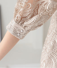ランタンスリーブ刺繍レース  バックリボン 結婚式 パーティー タイトドレス (S,M,L,XL)50123