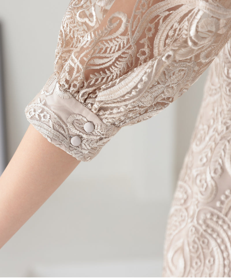 ランタンスリーブ刺繍レース  バックリボン 結婚式 パーティー タイトドレス (S,M,L,XL)50123