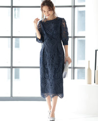 ランタンスリーブ刺繍レース  バックリボン 結婚式 パーティー タイトドレス (S,M,L,XL)50123