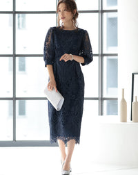 ランタンスリーブ刺繍レース  バックリボン 結婚式 パーティー タイトドレス (S,M,L,XL)50123