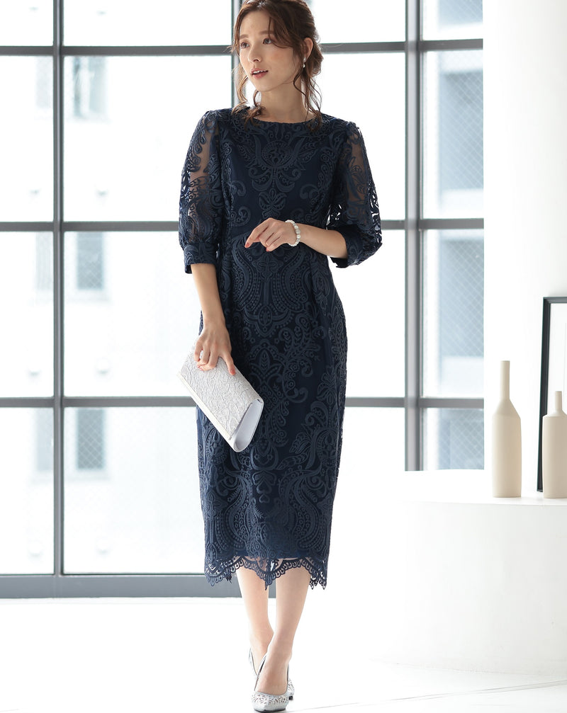 ランタンスリーブ刺繍レース  バックリボン 結婚式 パーティー タイトドレス (S,M,L,XL)50123