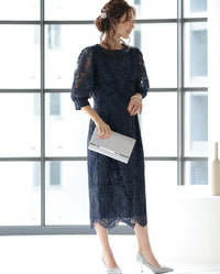 ランタンスリーブ刺繍レース  バックリボン 結婚式 パーティー タイトドレス (S,M,L,XL)50123