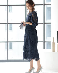 ランタンスリーブ刺繍レース  バックリボン 結婚式 パーティー タイトドレス (S,M,L,XL)50123