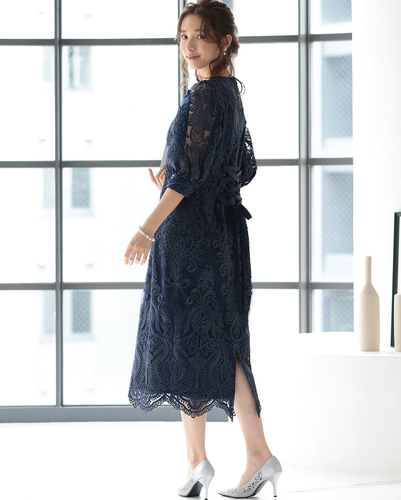 ランタンスリーブ刺繍レース  バックリボン 結婚式 パーティー タイトドレス (S,M,L,XL)50123