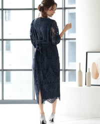 ランタンスリーブ刺繍レース  バックリボン 結婚式 パーティー タイトドレス (S,M,L,XL)50123