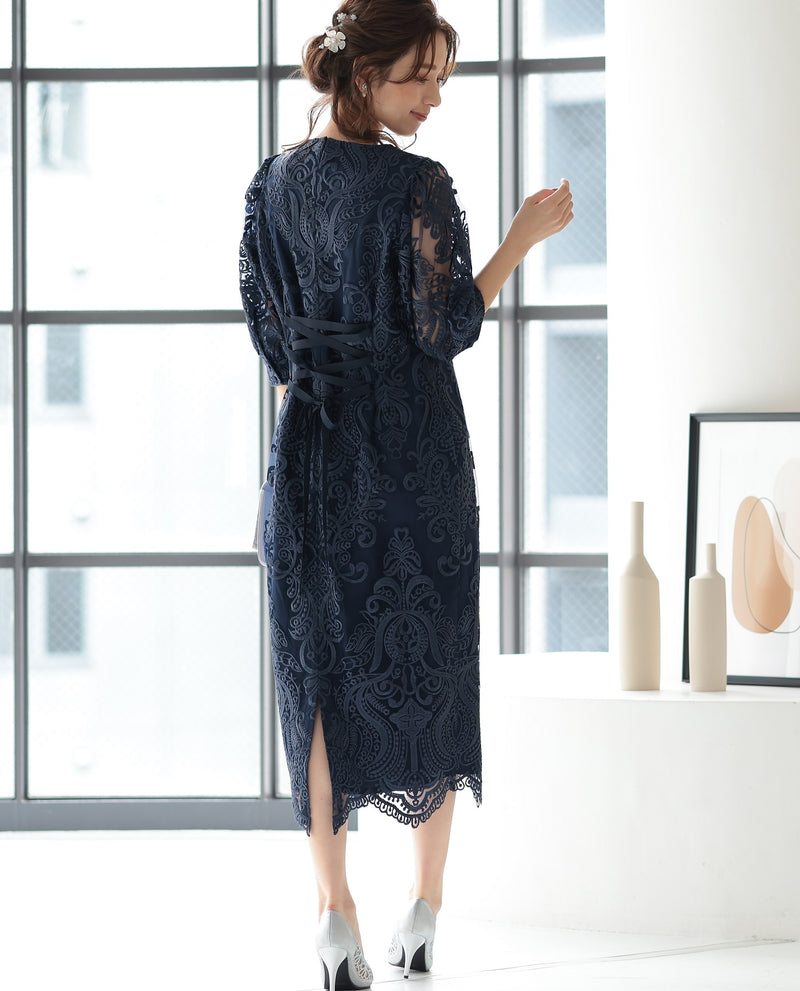 ランタンスリーブ刺繍レース  バックリボン 結婚式 パーティー タイトドレス (S,M,L,XL)50123