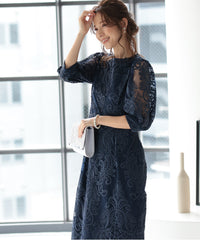 ランタンスリーブ刺繍レース  バックリボン 結婚式 パーティー タイトドレス (S,M,L,XL)50123