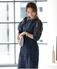 ランタンスリーブ刺繍レース  バックリボン 結婚式 パーティー タイトドレス (S,M,L,XL)50123
