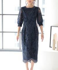 ランタンスリーブ刺繍レース  バックリボン 結婚式 パーティー タイトドレス (S,M,L,XL)50123